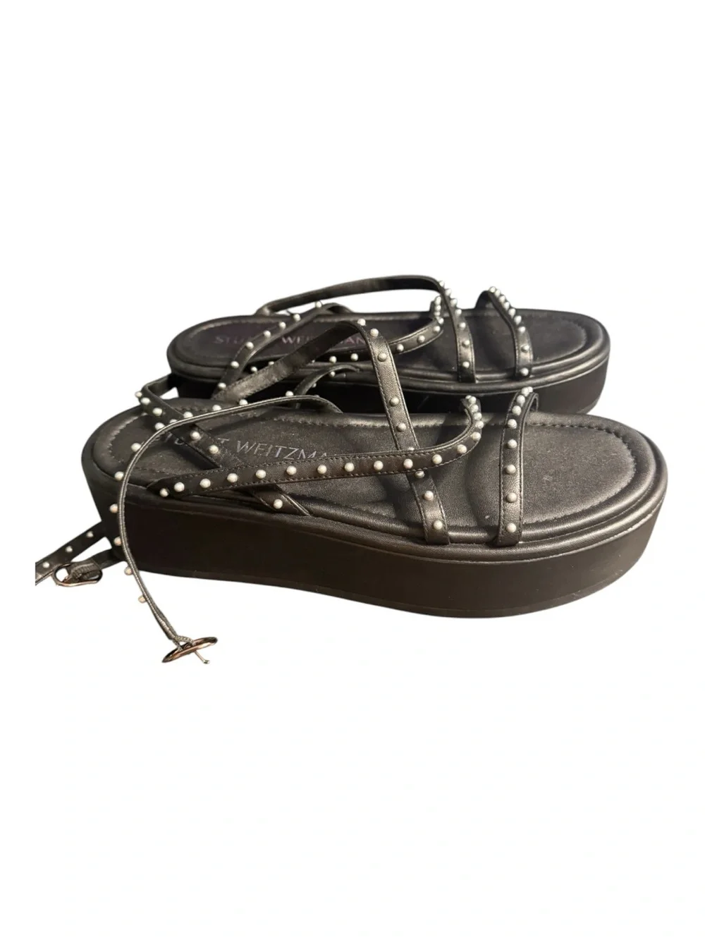 Stuart Weitzman Summerlift Black Faux Pearl Platform Sandals Size 8.5